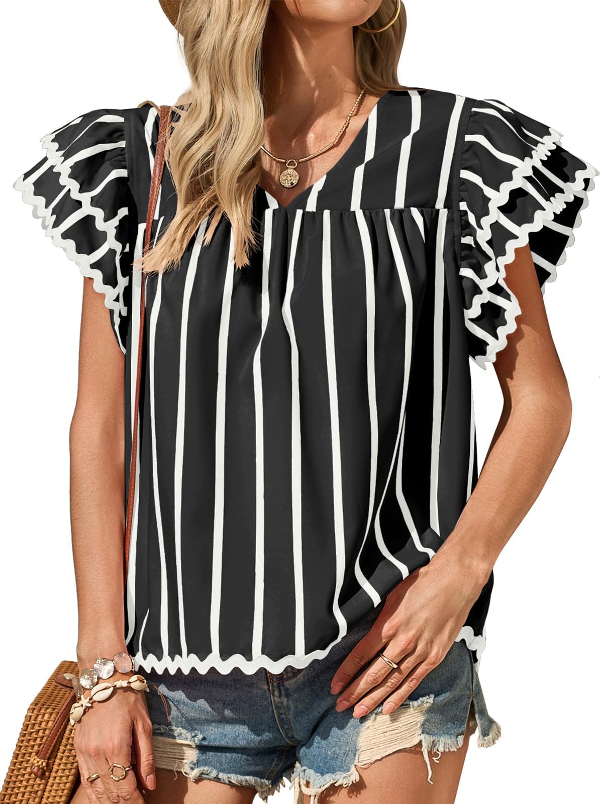 Tankaneo Womens Ruffle Short Sleeve Blouse V Neck Striped Pleated Trim Shirts Summer Casual Loose Fit Tops