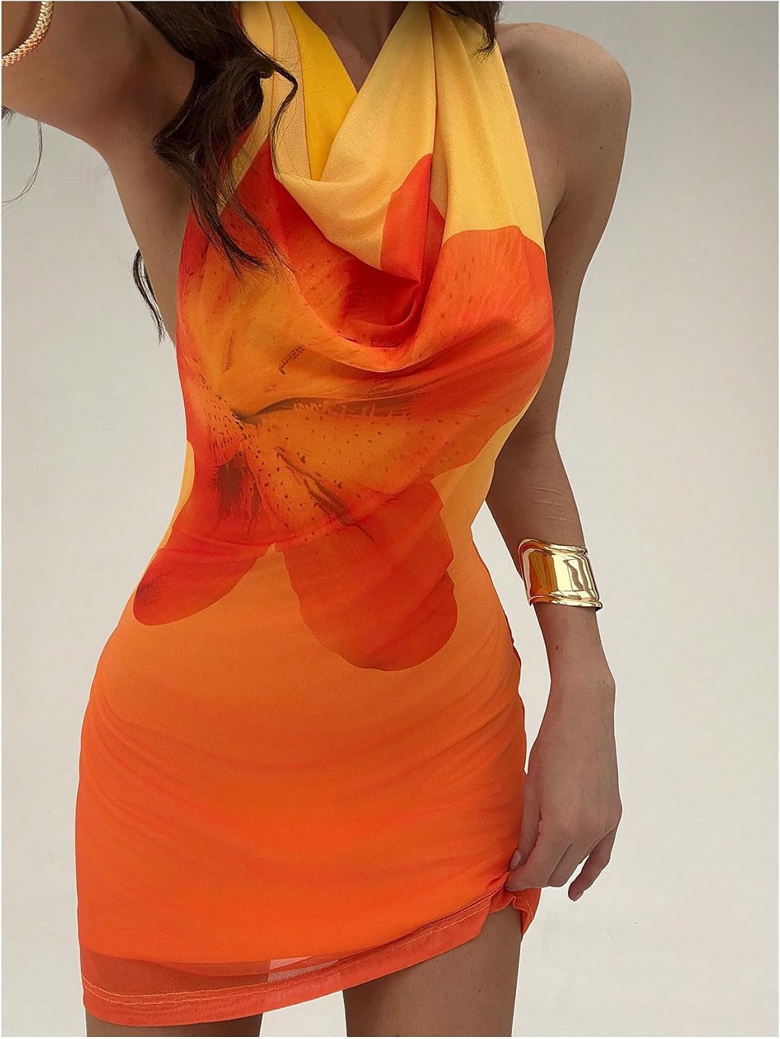 MakeMeChic Women's Floral Halter Dress Backless Cowl Neck Mini Dress | Y2K, Sleeveless, Colorful, Open Back, Date Night Outfits, Going Out Dress, Cocktail Dresses