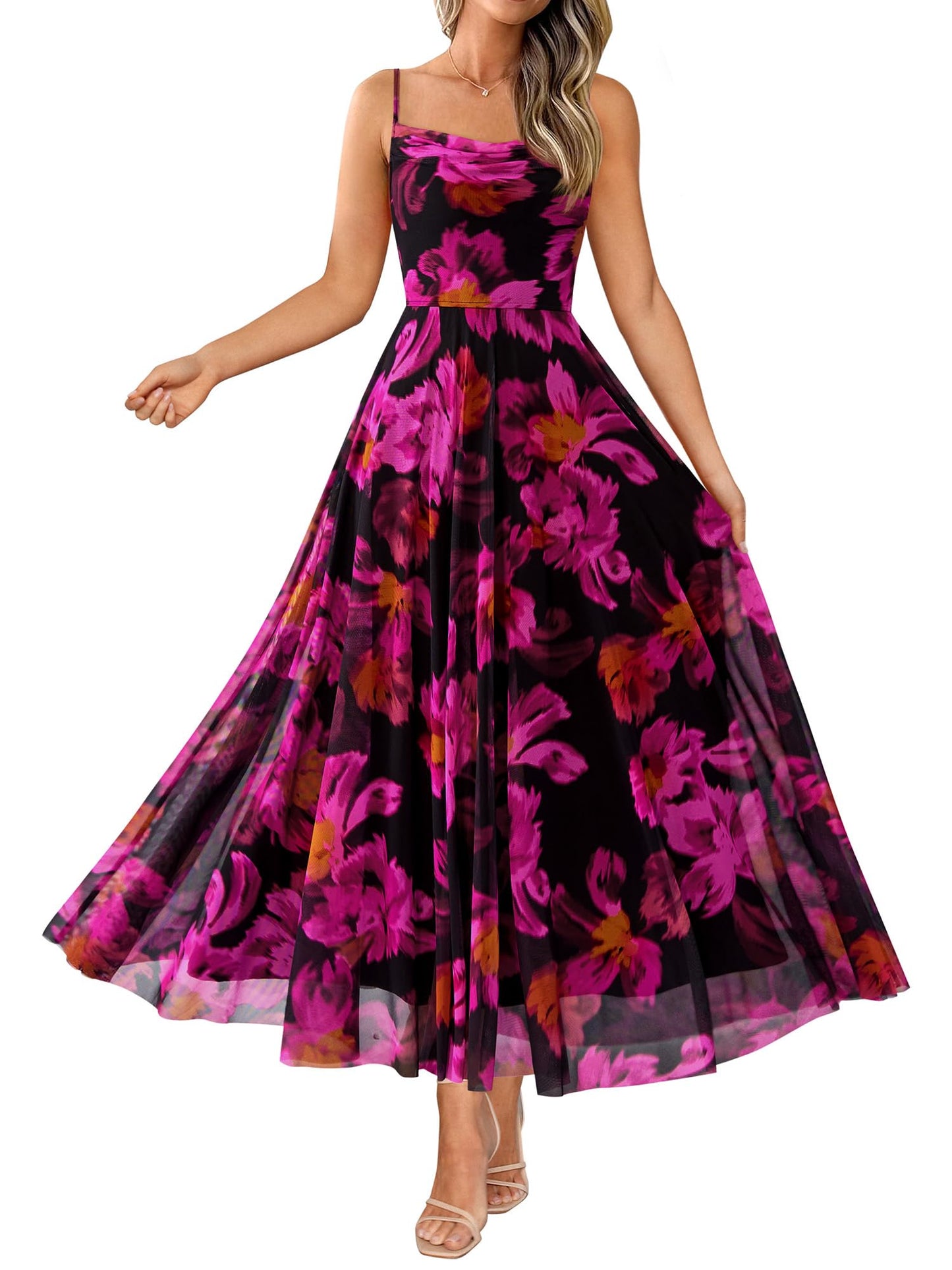 BTFBM Women Summer Maxi Dresses Elegant Wedding Guest Dress | Cowl Neck,Spaghetti Strap,Mesh,Floral,A-Line,Flowy,Party,Cocktail,Homecoming,Graduation,Sundress,Prom,Beach Long Dresses