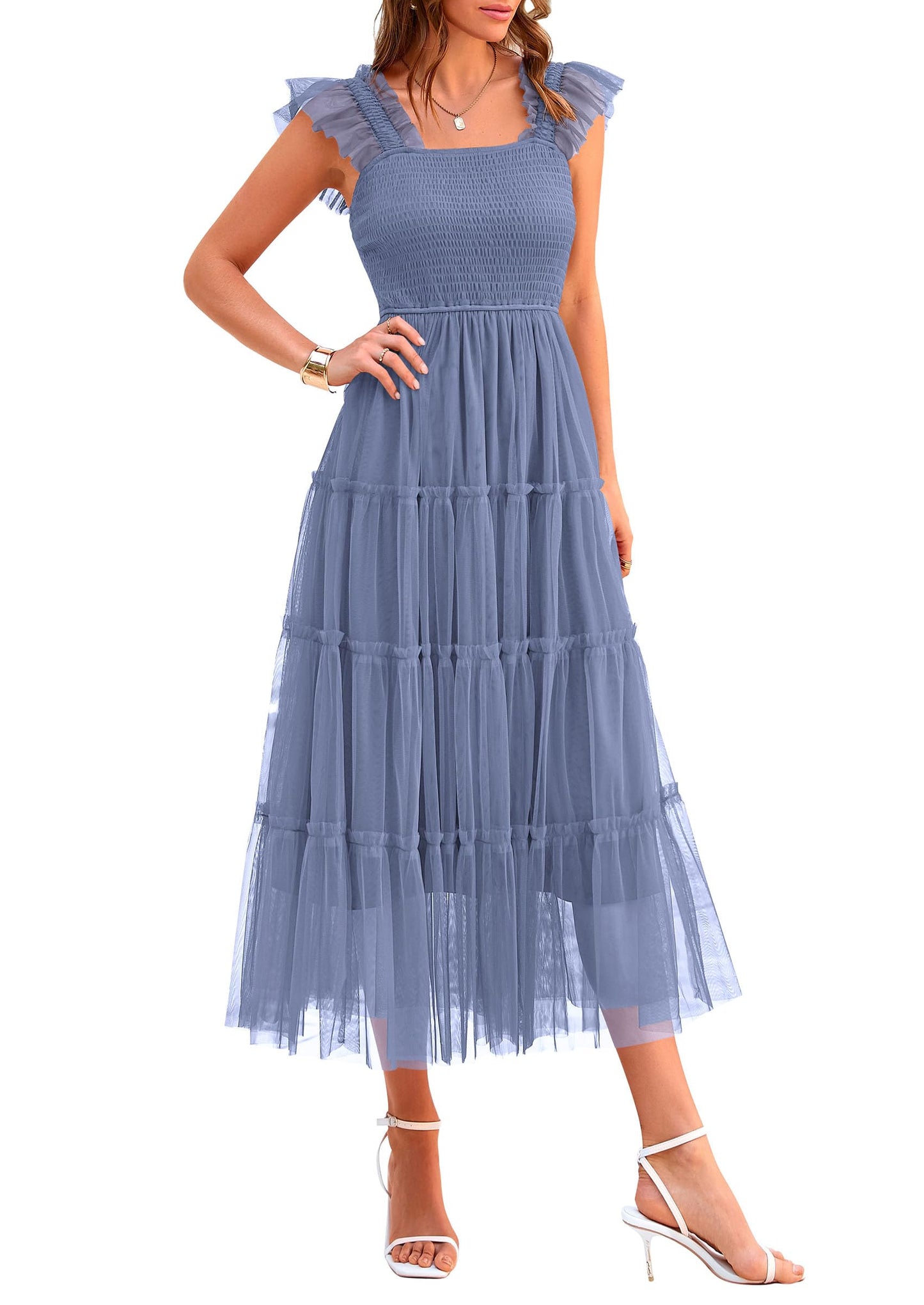 PRETTYGARDEN Women's Summer Smocked Midi Tulle Dress | Sleeveless Square Neck A Line, Flowy Tiered Mesh, Spring Semi Formal Wedding Guest Outfits, Homecoming Prom Party Dresses