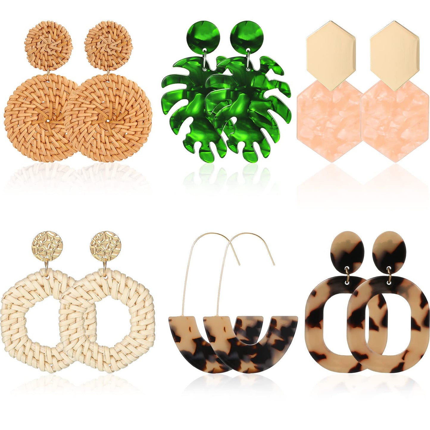 Hicarer 6 Pair Boho Rattan Earrings for Women | Straw Tassel Geometric, Summer Party Jewelry, Light Dangle Style, Beach Outfits, Vacation Looks, Boho Accessories