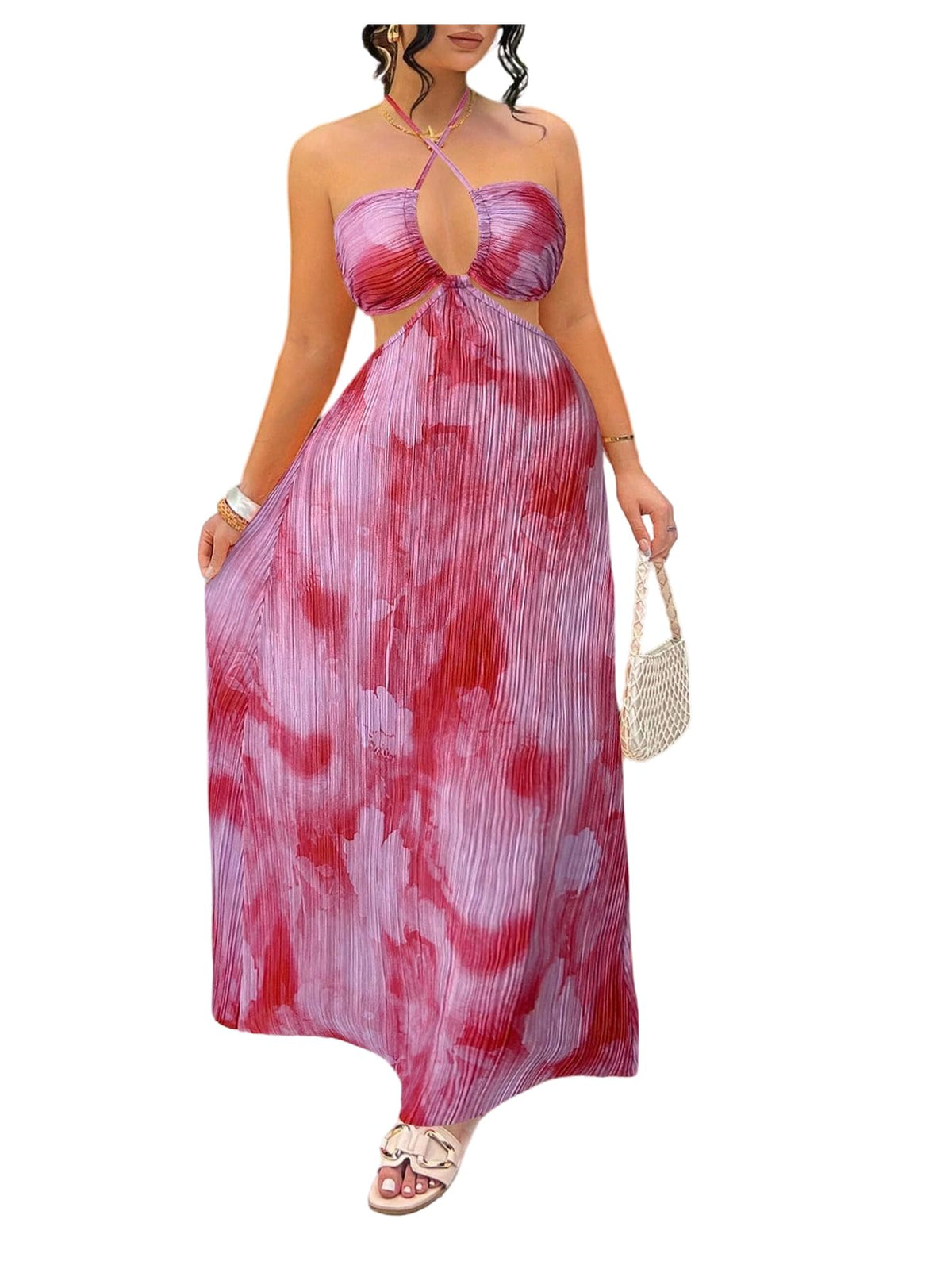 OYOANGLE Women's Summer Halter Long Maxi Dress Sundress | Tie Dye,Pleated ,Vacation Dress,Sleeveless ,Criss Cross Backless,Beach Dress for Women