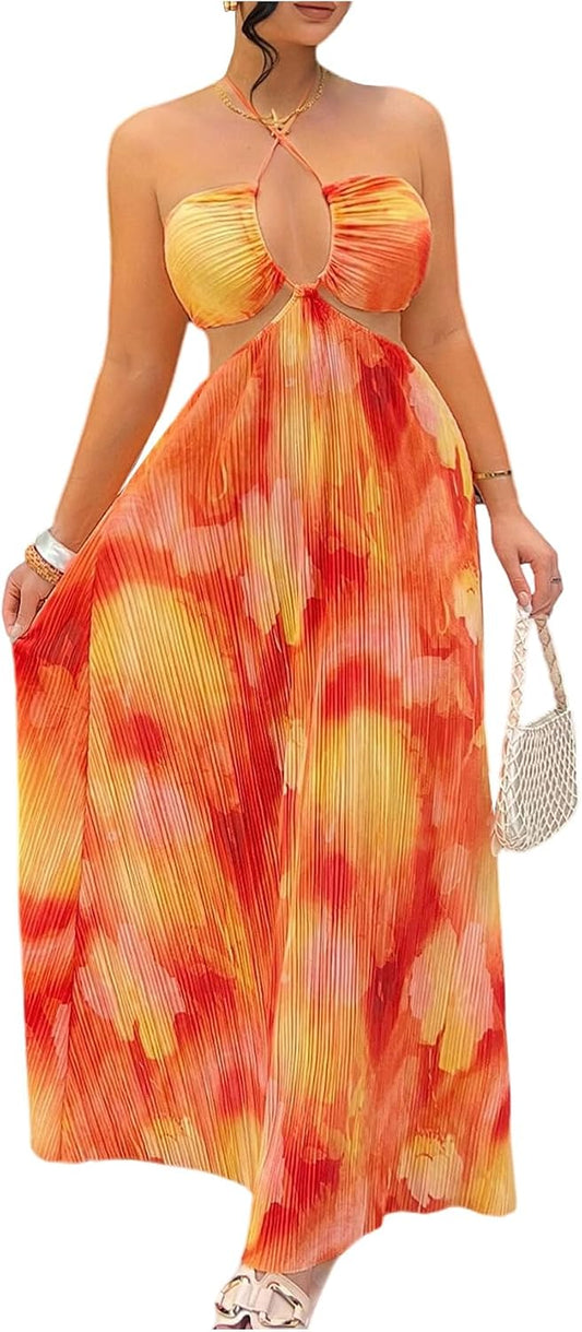 OYOANGLE Women's Summer Halter Long Maxi Dress Sundress | Tie Dye,Pleated ,Vacation Dress,Sleeveless ,Criss Cross Backless,Beach Dress for Women