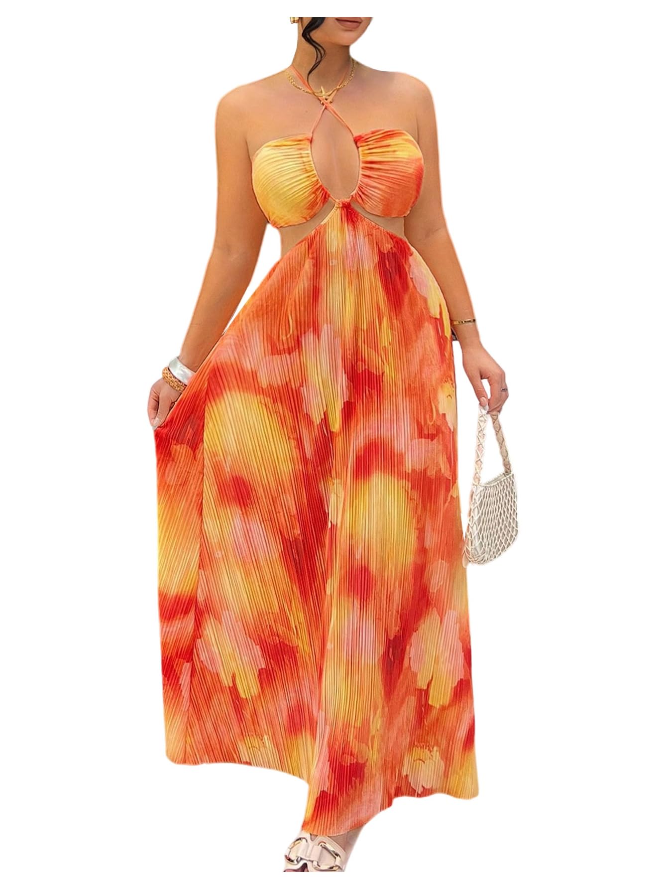 OYOANGLE Women's Summer Halter Long Maxi Dress Sundress | Tie Dye,Pleated ,Vacation Dress,Sleeveless ,Criss Cross Backless,Beach Dress for Women