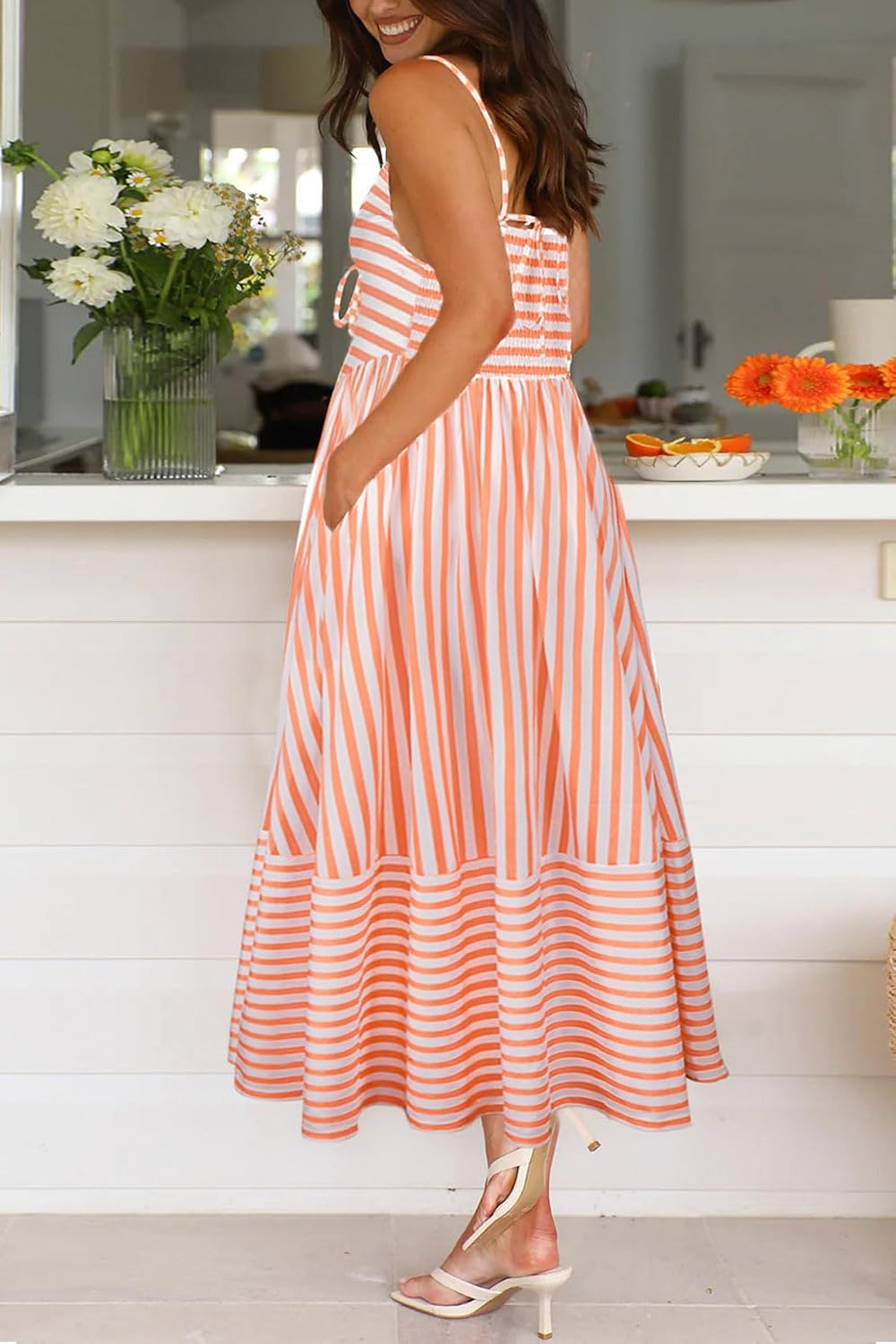 Fashionme 2026 Women Summer Boho Maxi Dresses Vacation Beach with Pockets | Striped,Sleeveless Back Shirred Beach Long Sundresses, A Line Spaghetti Strap,Back Tie V Neck,Trendy,Soft Knit Dress, S-XL