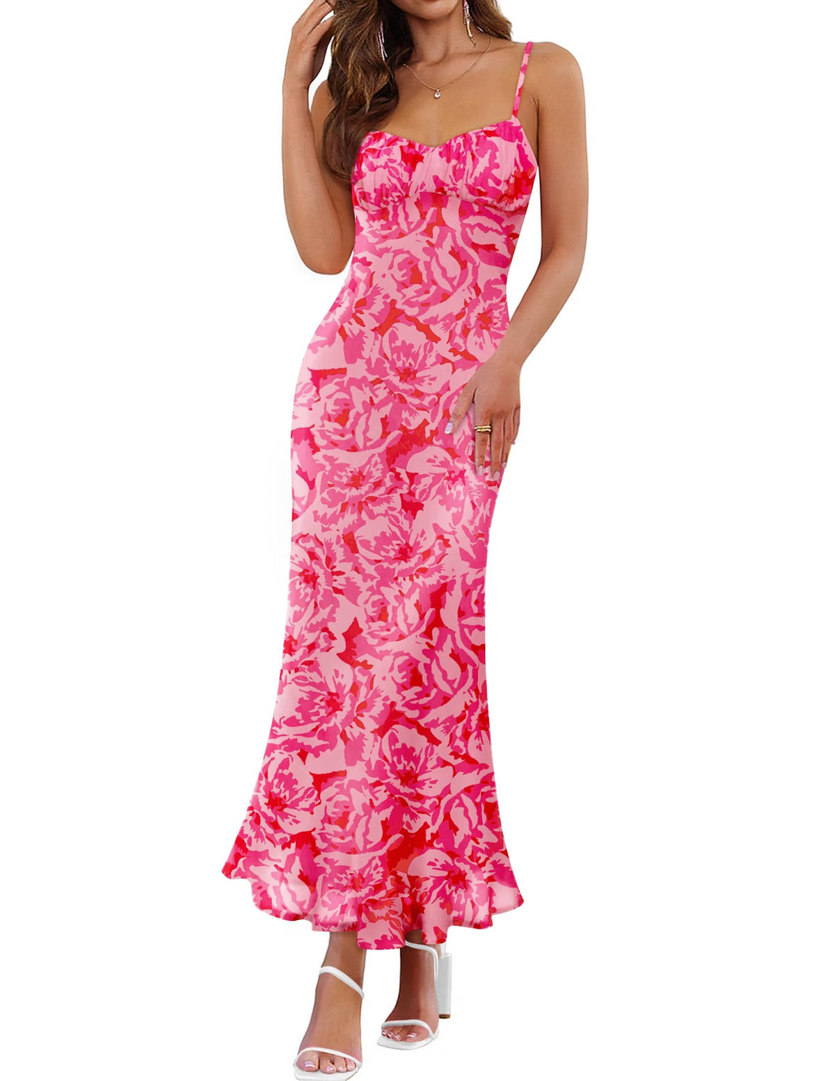 ZESICA Women's Summer Floral Sleeveless Bodycon Maxi Dress | Spaghetti Strap Mesh, Square Neck Backless Sundress, 2026 Wedding Guest Cocktail Party Vacation Beach Long Dresses