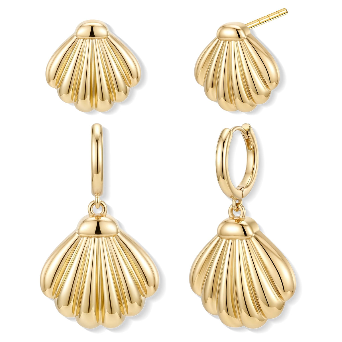 14K Gold Planted Seashell Starfish Stud dangle Earrings for Women, Summer Beach Hoop Earrings for Multiple Piercing Cartilage, Dainty Trendy Dangling Earring 3 Pairs Set Vacation Ocean Outfits Accessories Jewelry