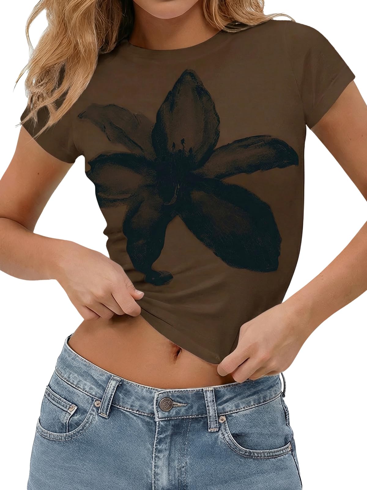 Tankaneo Womens Baby Tee Y2K Tops Summer Short Sleeve Graphic T Shirts | Floral Print, Crop Tops, Cotton, Short Sleeve, Slim Fit, Basic Tees
