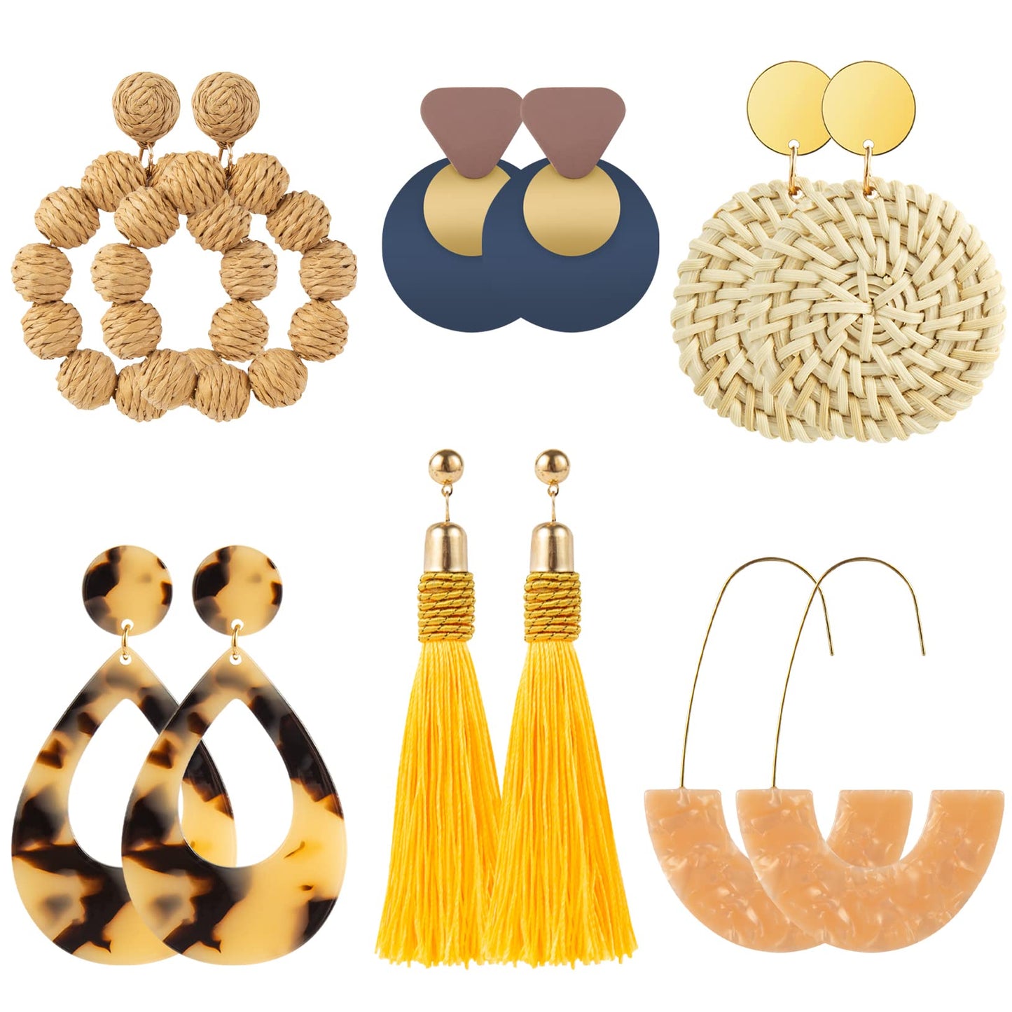 Ponpon 6-18 Pairs Earrings for Women, Lightweight Summer Earrings Straw Earrings Fashion Geometric Statement Hoop Dangle Drop Earrings for Women