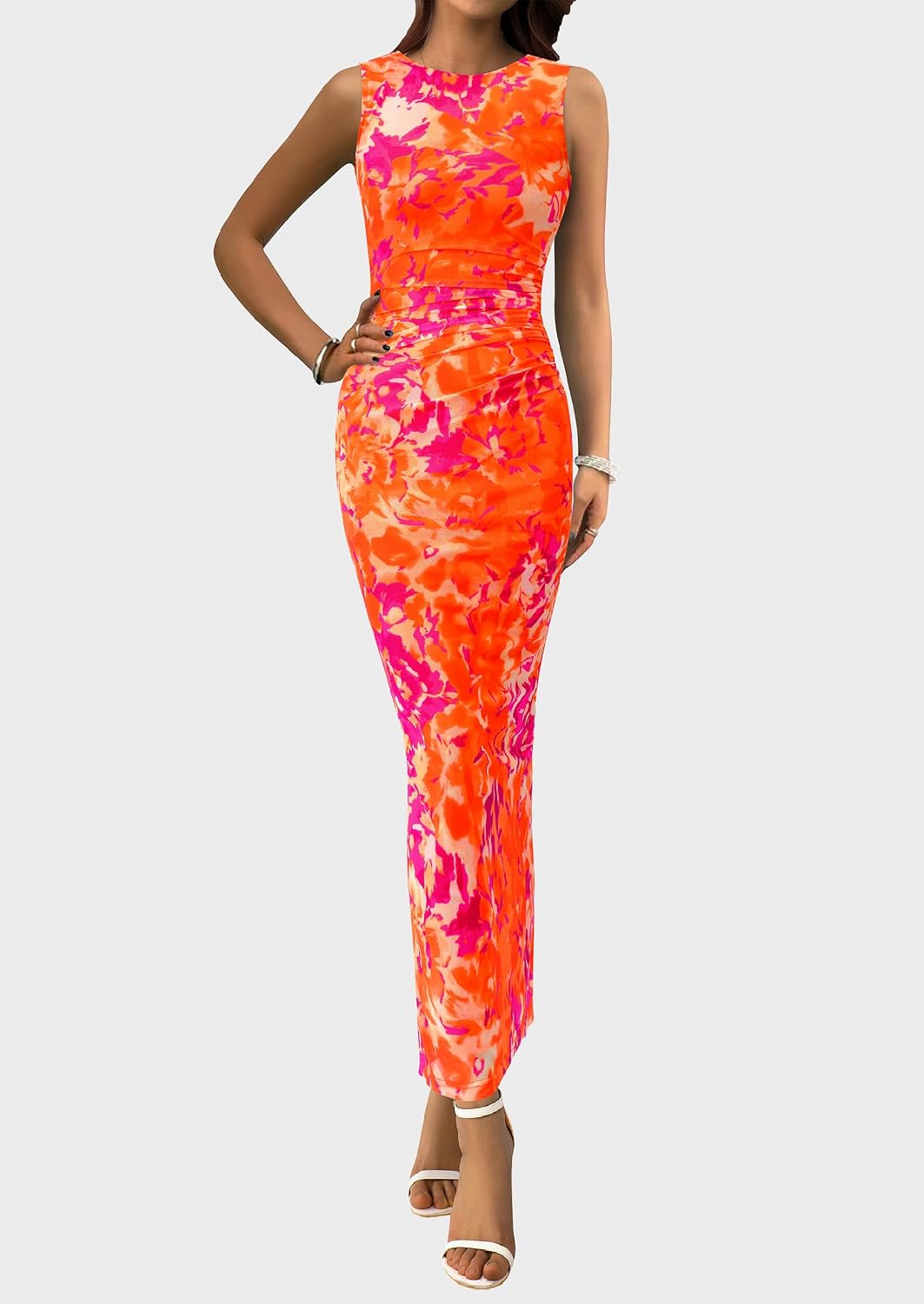 PRETTYGARDEN Women's Summer Formal Floral Maxi Dress | Sleeveless Ruched Bodycon Mesh Long Dresses, Elegant Spring Dress for Wedding Guest, Bridal Shower, Cocktail Party, Vacation