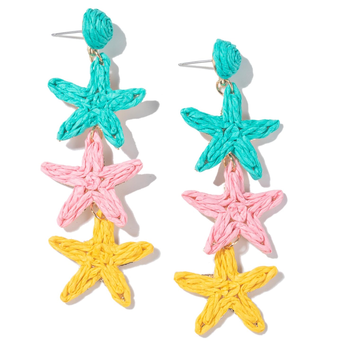Raffia Starfish Seashell Dangle Drop Earrings Boho Summer Beach Jewelry | Fun Colorful Chunky Statement Long Big Shell Accessories Beachy Tropical Vacation Outfits for Women Trendy