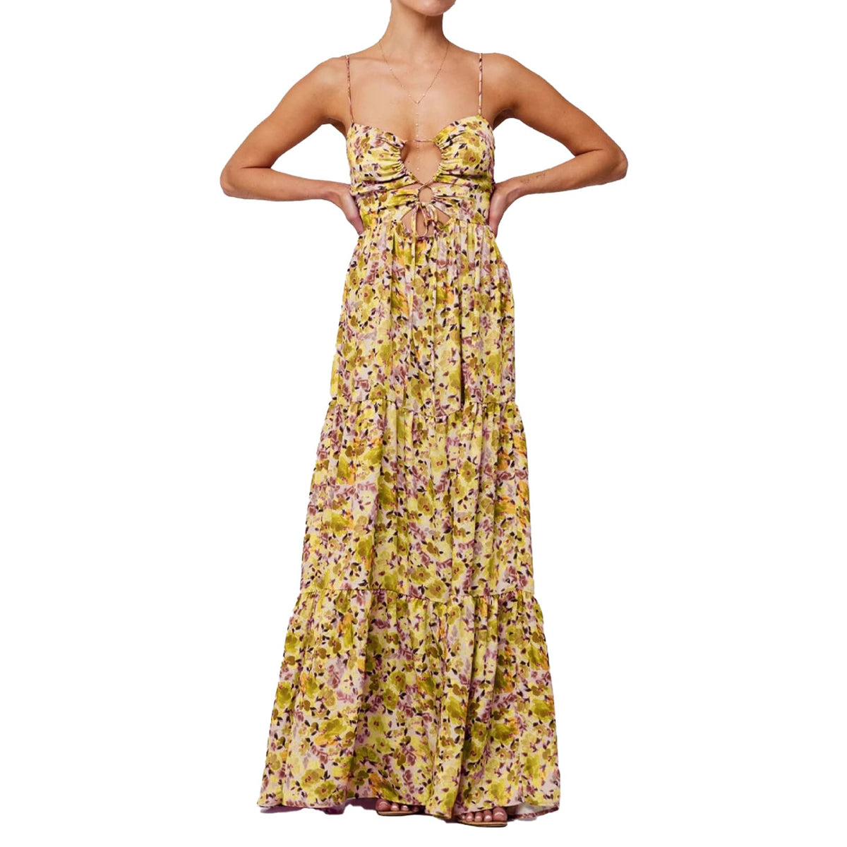 ABYOVRT Women Floral Maxi Dress Tie Front Cut Out Backless Boho Spaghetti Strap Summer Beach Sundress