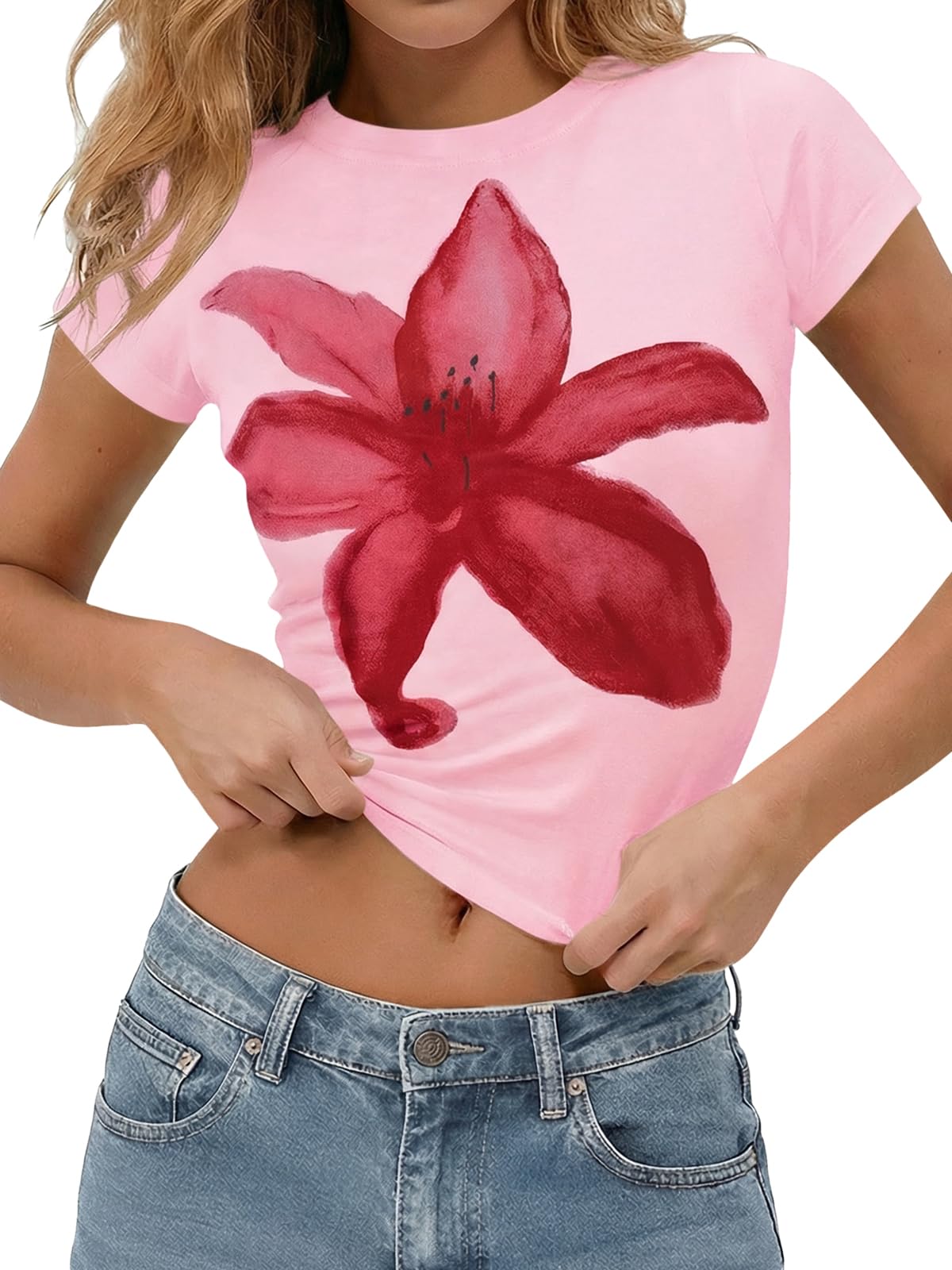 Tankaneo Womens Baby Tee Y2K Tops Summer Short Sleeve Graphic T Shirts | Floral Print, Crop Tops, Cotton, Short Sleeve, Slim Fit, Basic Tees
