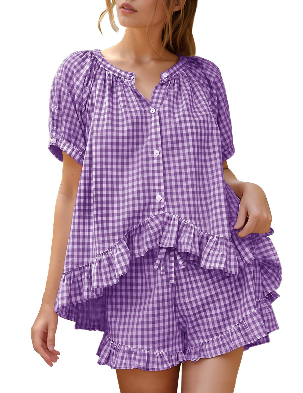 Flygo Cotton Pajamas for Women Gingham Set Lounge Sets | 100% Cotton, Plaid, Babydoll Top, Relaxed Fit, Puff Sleeve, Shorts, Pockets, Summer, Sleepwear, Vacation, Wedding, Parties