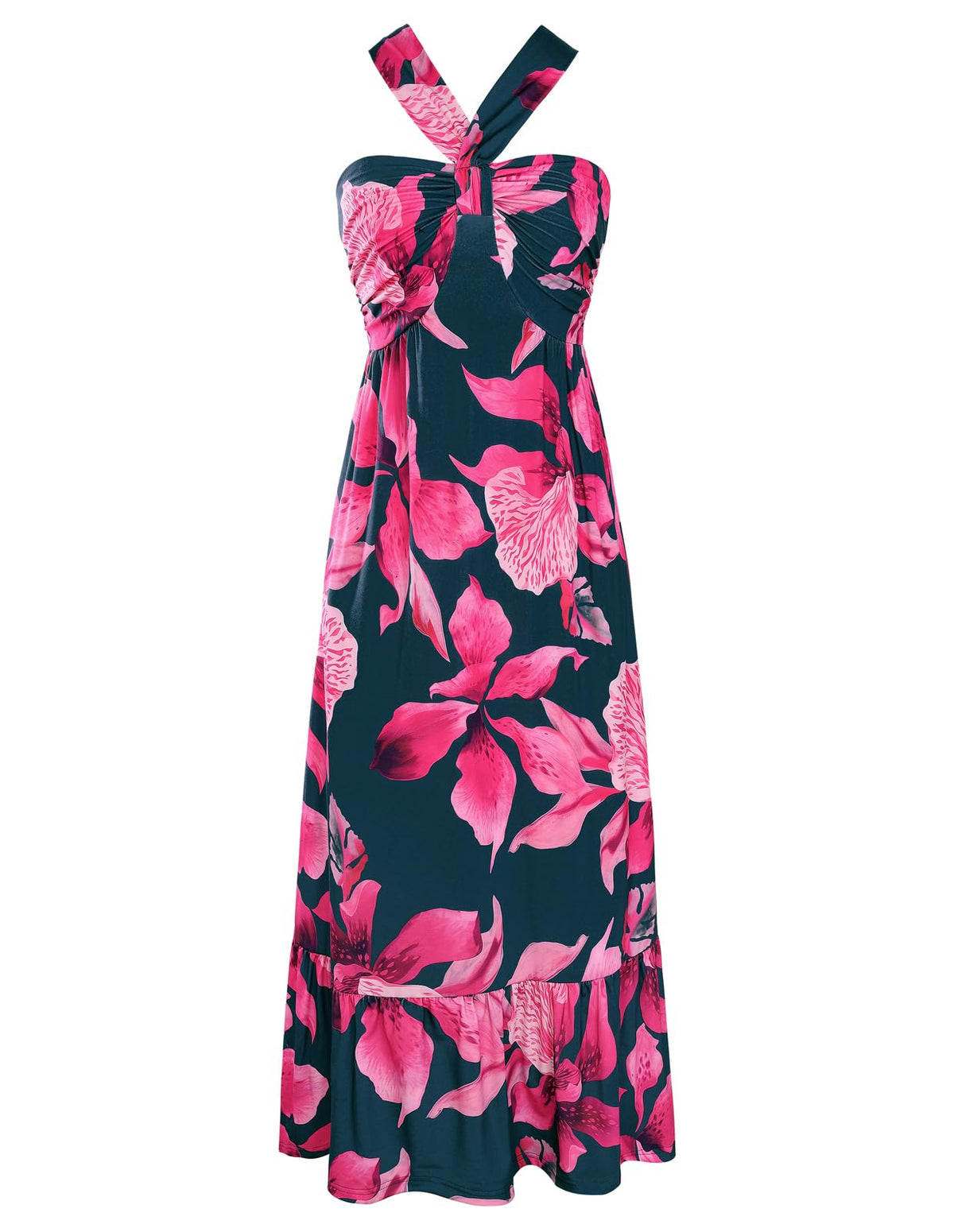 GRACE KARIN Womens Summer Floral Halter Boho Maxi Dresses | 2026 Flowy Criss Cross A Line Long Sundress Casual Tropical Vacation Beach Clothes Wedding Guest Dress With Pocket