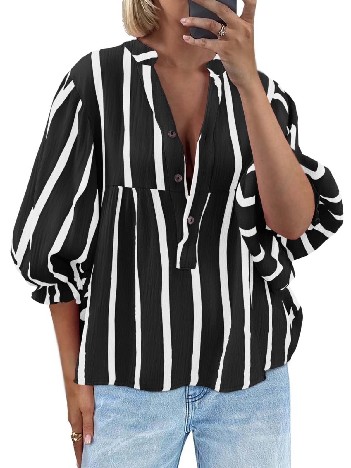 Tankaneo Womens Puff Sleeve Summer Babydoll Tops Cute V Neck Striped Blouse | Casual, Loose Fit, Flowy Shirts, Button, Boho, Work, Dressy, Peplum Blouses