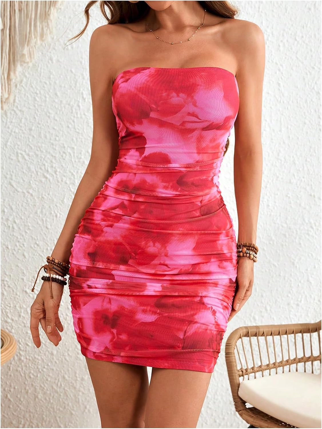 BEAUDRM Women's Tie Dye Tube Dress Strapless Bodycon Mini Dresses | Mesh, Backless, Ruched, Bandeau Dress for Women