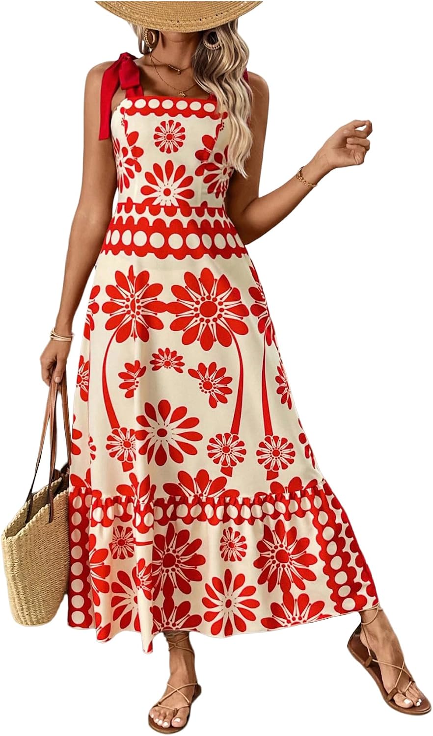 Floerns Women's Vintage Sleeveless Tie Shoulder Sundress Floral Print Cami Maxi Dress