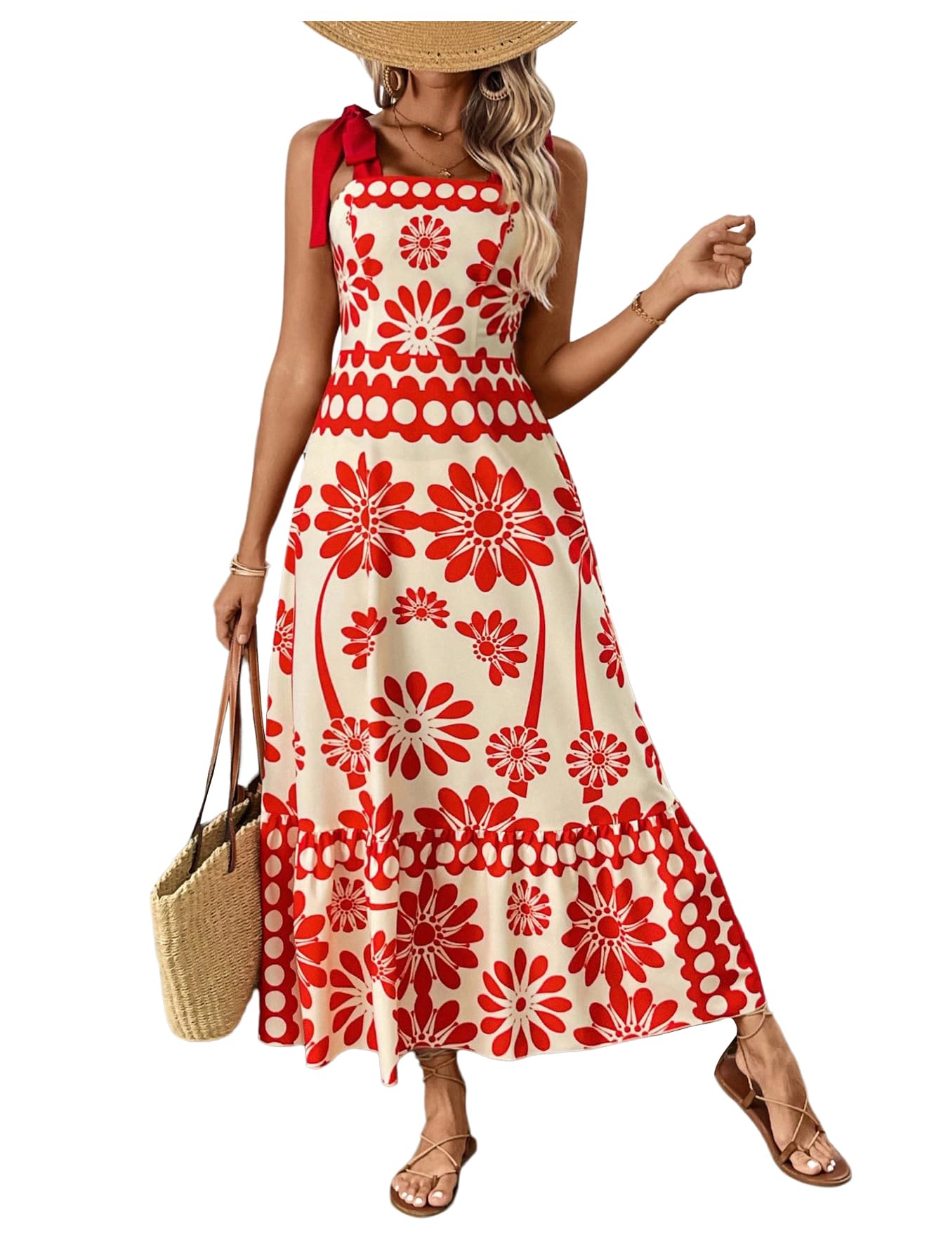 Floerns Women's Vintage Sleeveless Tie Shoulder Sundress Floral Print Cami Maxi Dress