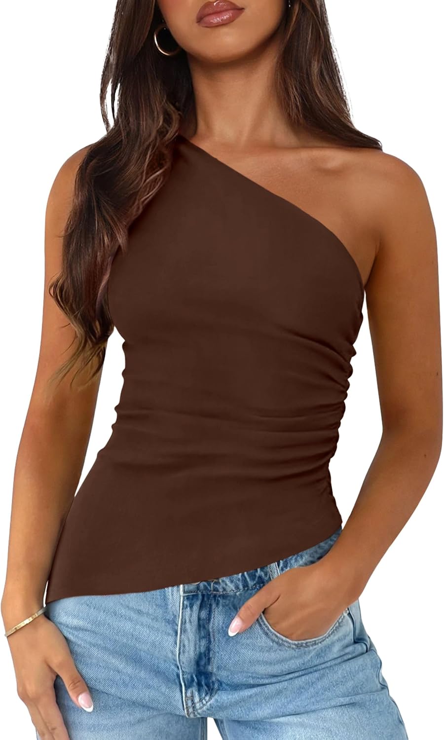 PRETTYGARDEN One Shoulder Summer Tops for Women | Soft Stretchy Knit,Slim Fit Shirts,Ruched Sleeveless Tank,Asymmetrical Going out Top,Trendy Y2k Clothes,for Daily,Beach,Party