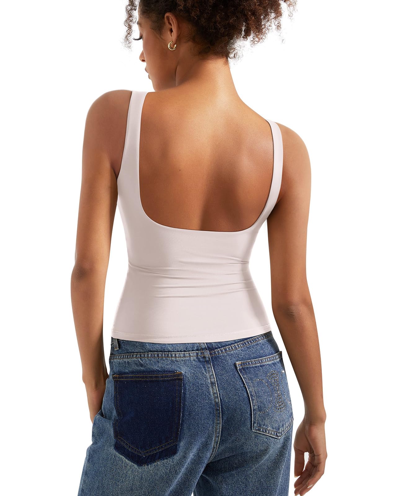 SUUKSESS Women Padded Open Back Boat Neck Tank Top Double Lined Basic Shirt | Backless Sleeveless Built in Bra Tops Slim Fitted Summer Going Out Top