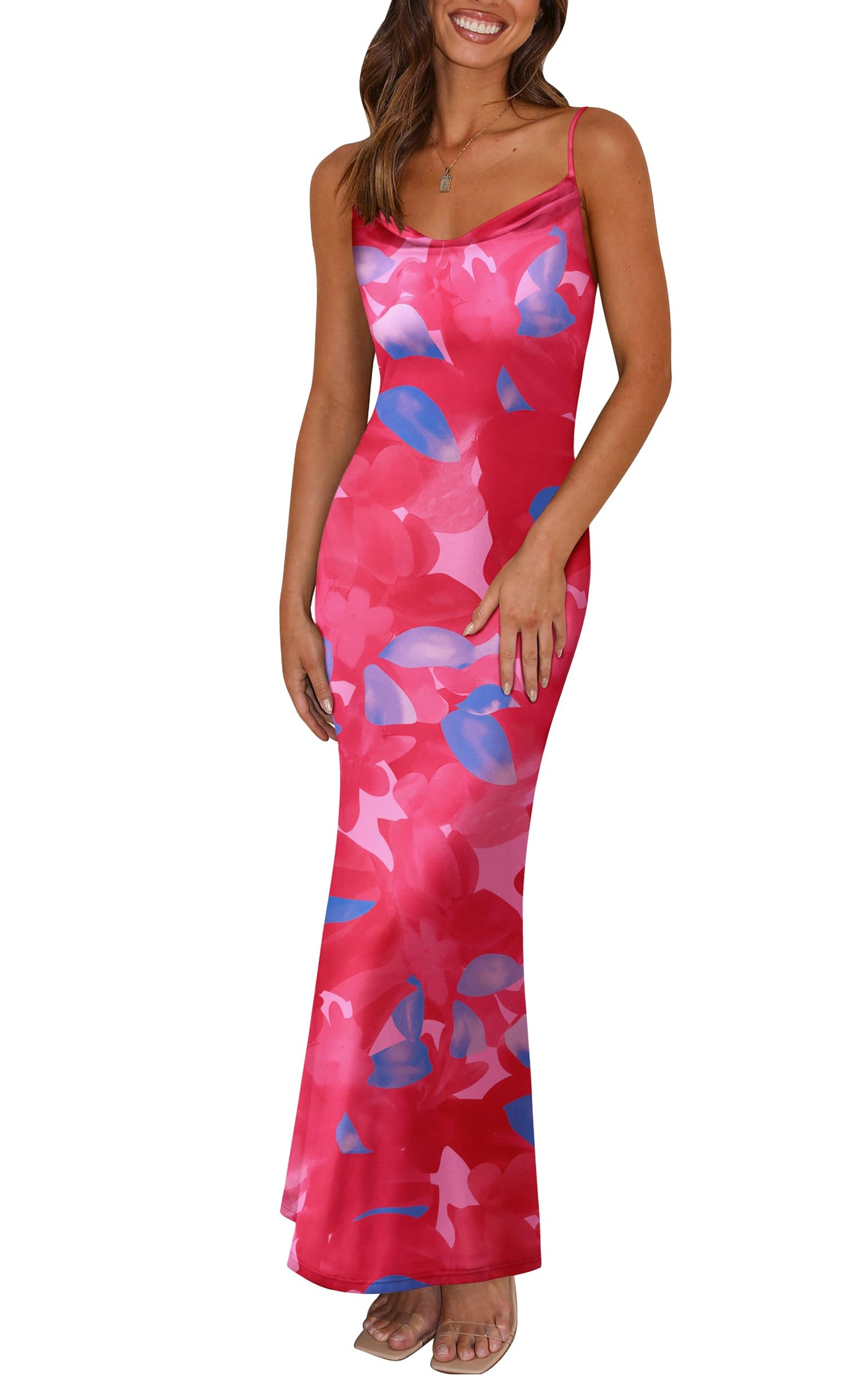 PRETTYGARDEN Women's 2026 Summer Floral Spaghetti Strap Maxi Dress Stretch Sexy Bodycon Dress Backless Slip Long Dresses