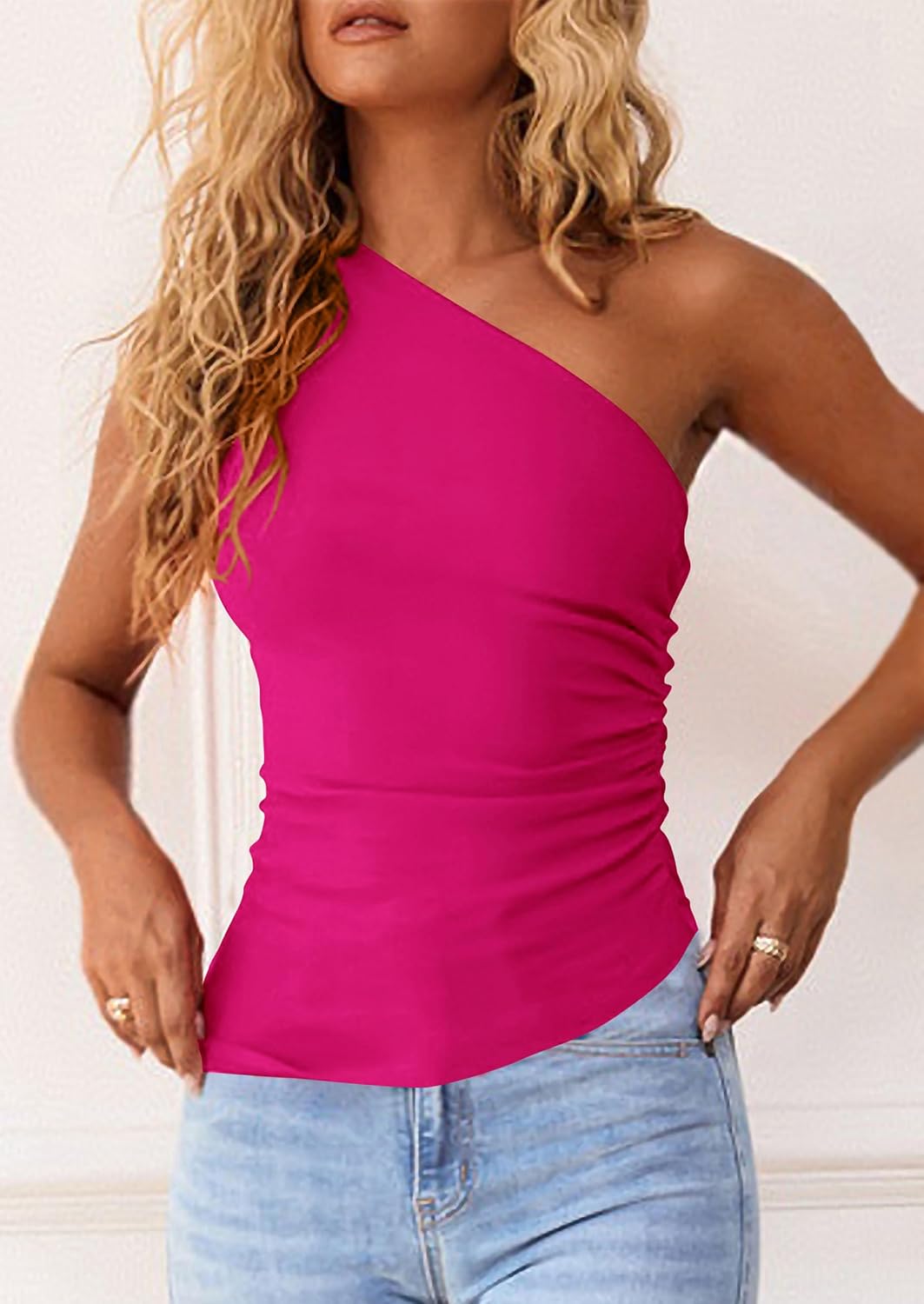 PRETTYGARDEN One Shoulder Summer Tops for Women | Soft Stretchy Knit,Slim Fit Shirts,Ruched Sleeveless Tank,Asymmetrical Going out Top,Trendy Y2k Clothes,for Daily,Beach,Party
