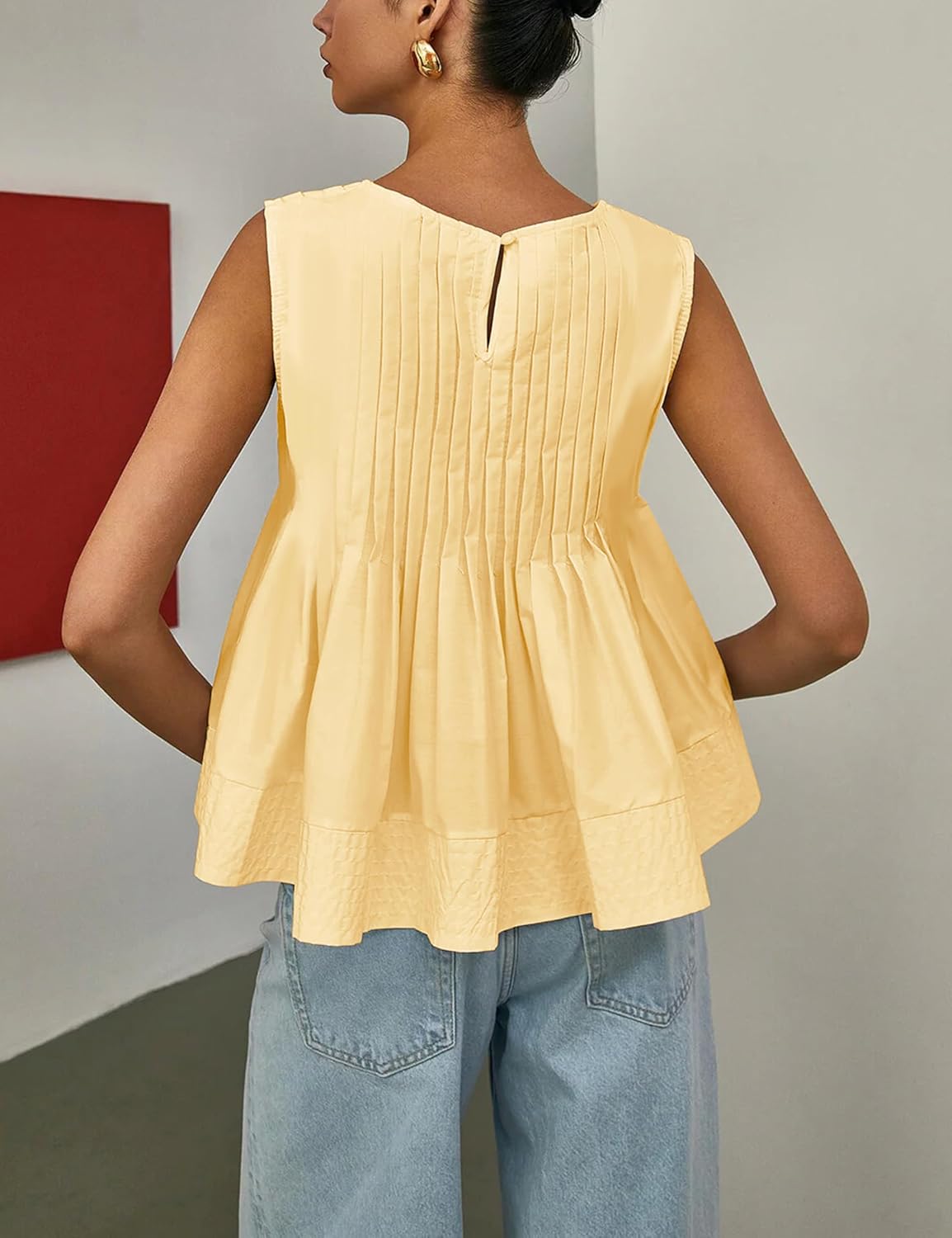 Megfie Womens Summer Pleated Peplum Sleeveless Blouse Tank Tops Round Neck Y2K Babydoll Blouse Shirt