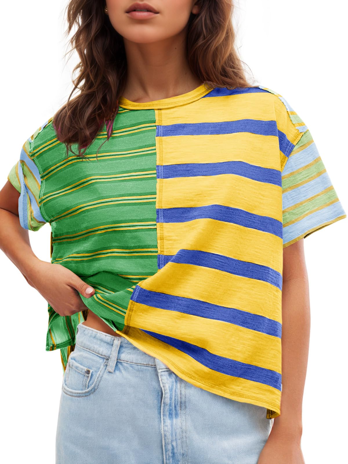 Tankaneo Womens Summer Striped Shirts Casual Color Block Short Sleeve Tops Loose Fit Crew Neck Tees