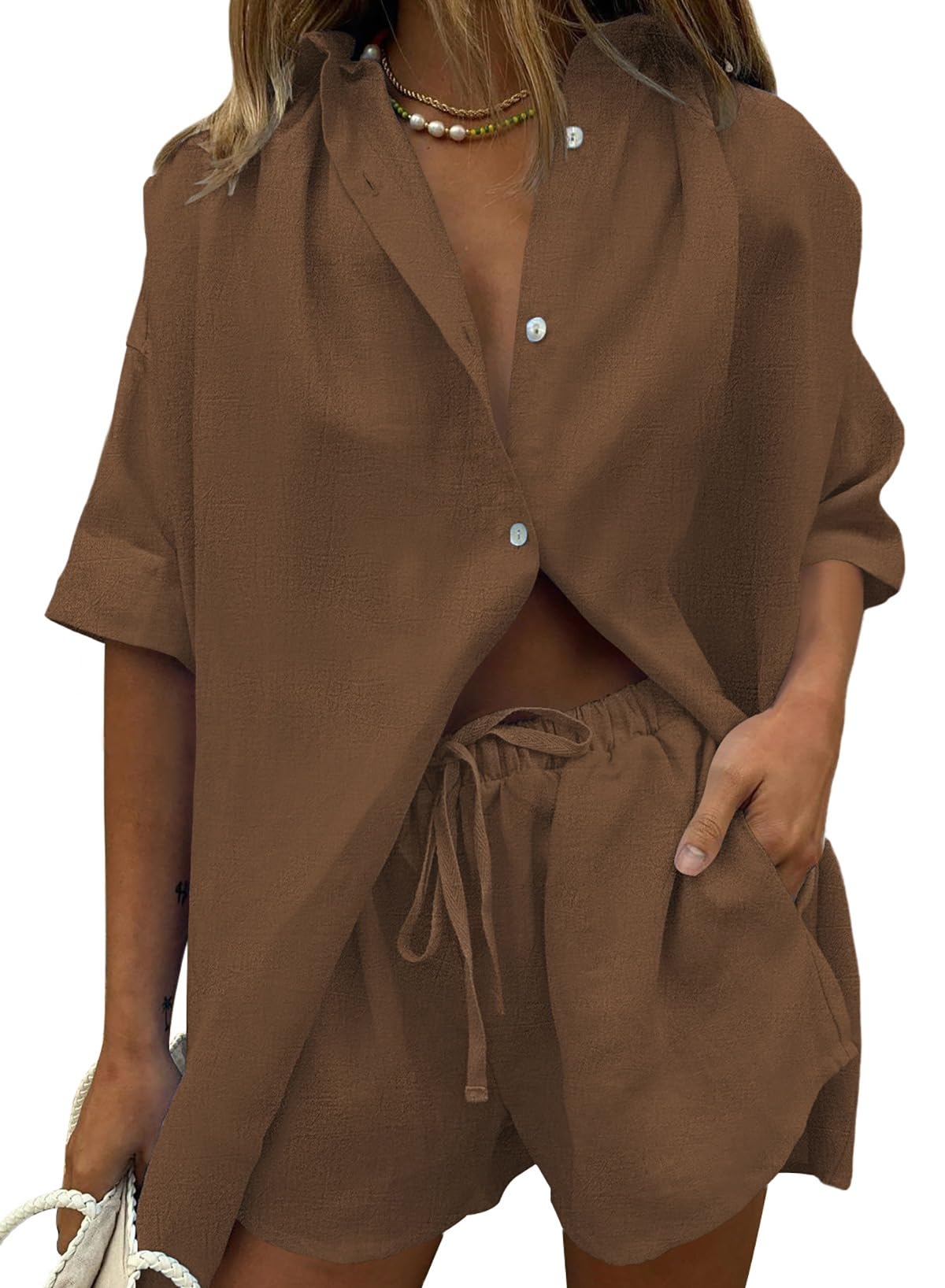 Fixmatti Women 2 Piece Outfits Long Sleeve Button Down Blouse and Shorts Sweatsuit Sets