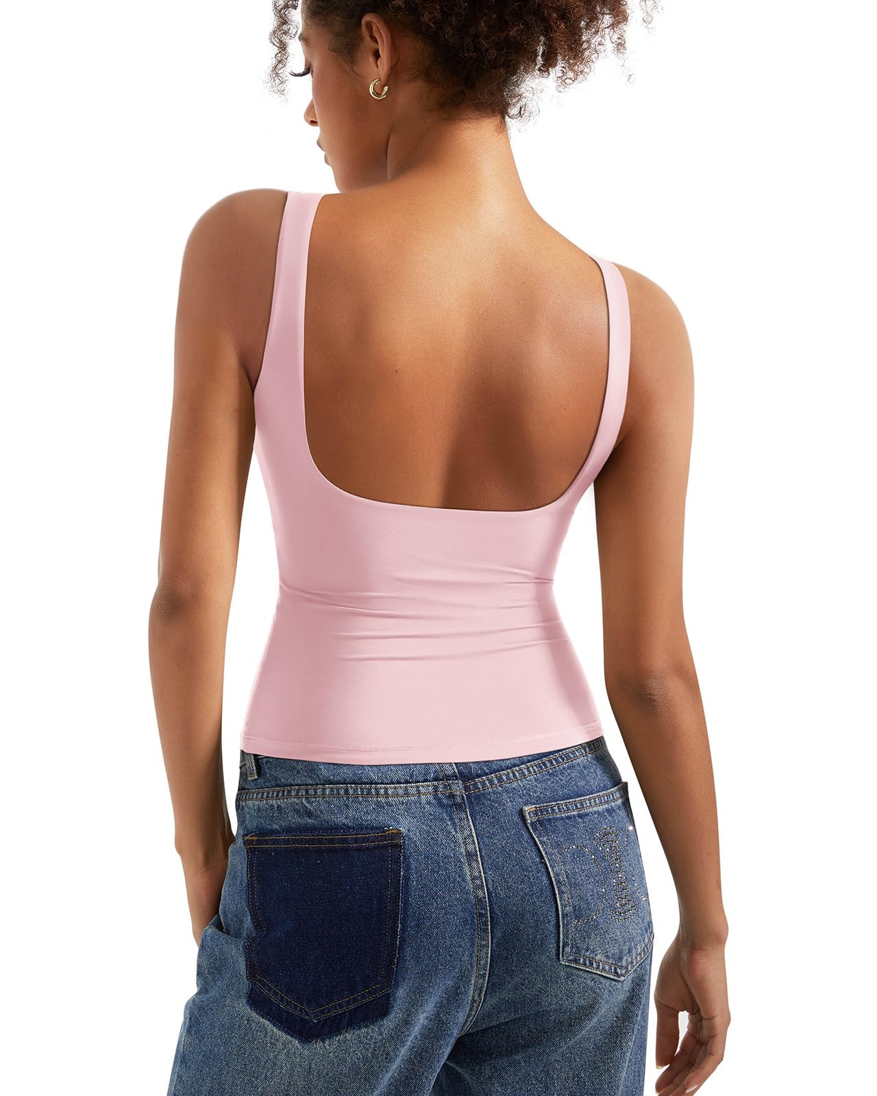 SUUKSESS Women Padded Open Back Boat Neck Tank Top Double Lined Basic Shirt | Backless Sleeveless Built in Bra Tops Slim Fitted Summer Going Out Top
