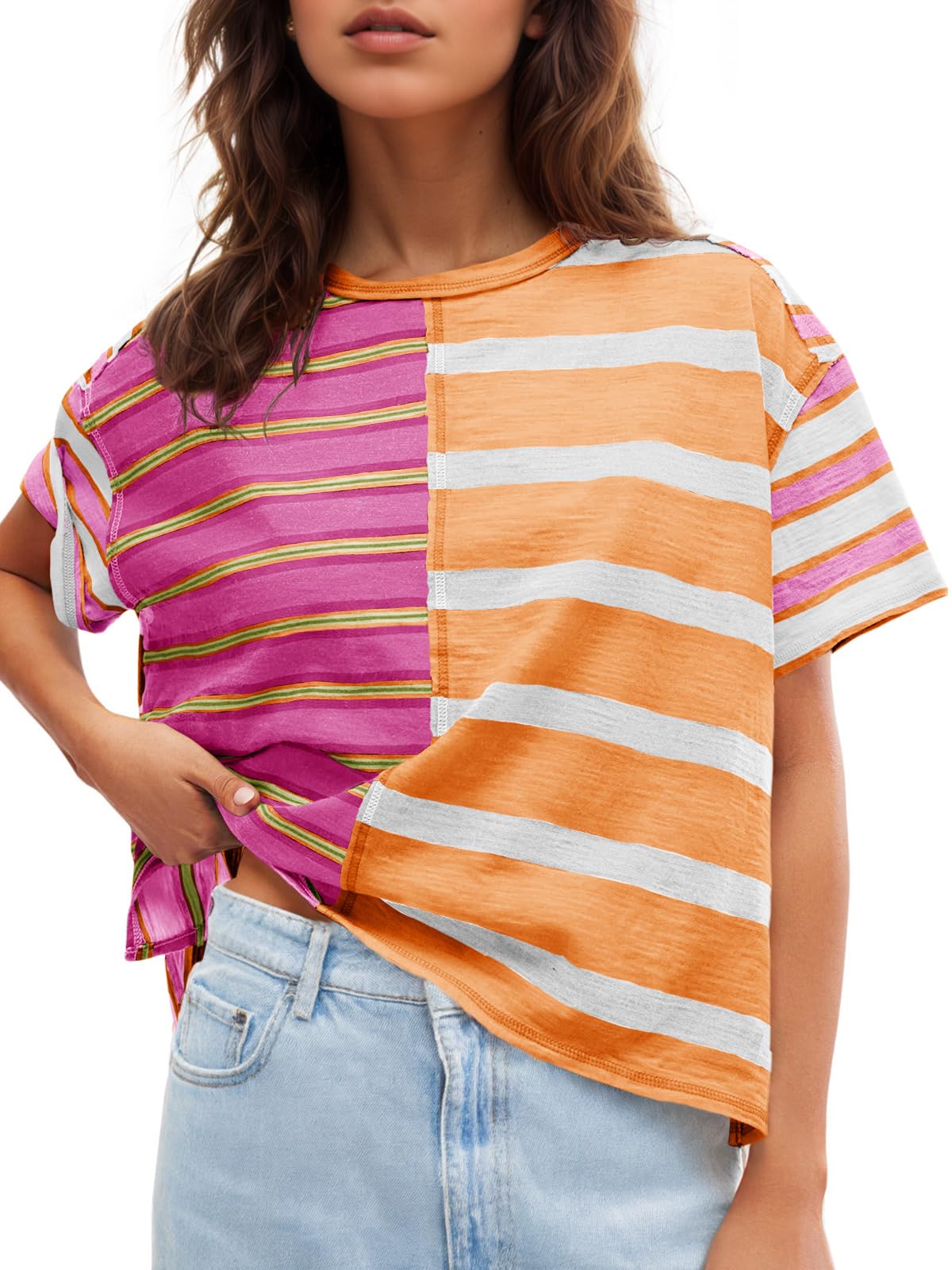 Tankaneo Womens Summer Striped Shirts Casual Color Block Short Sleeve Tops Loose Fit Crew Neck Tees