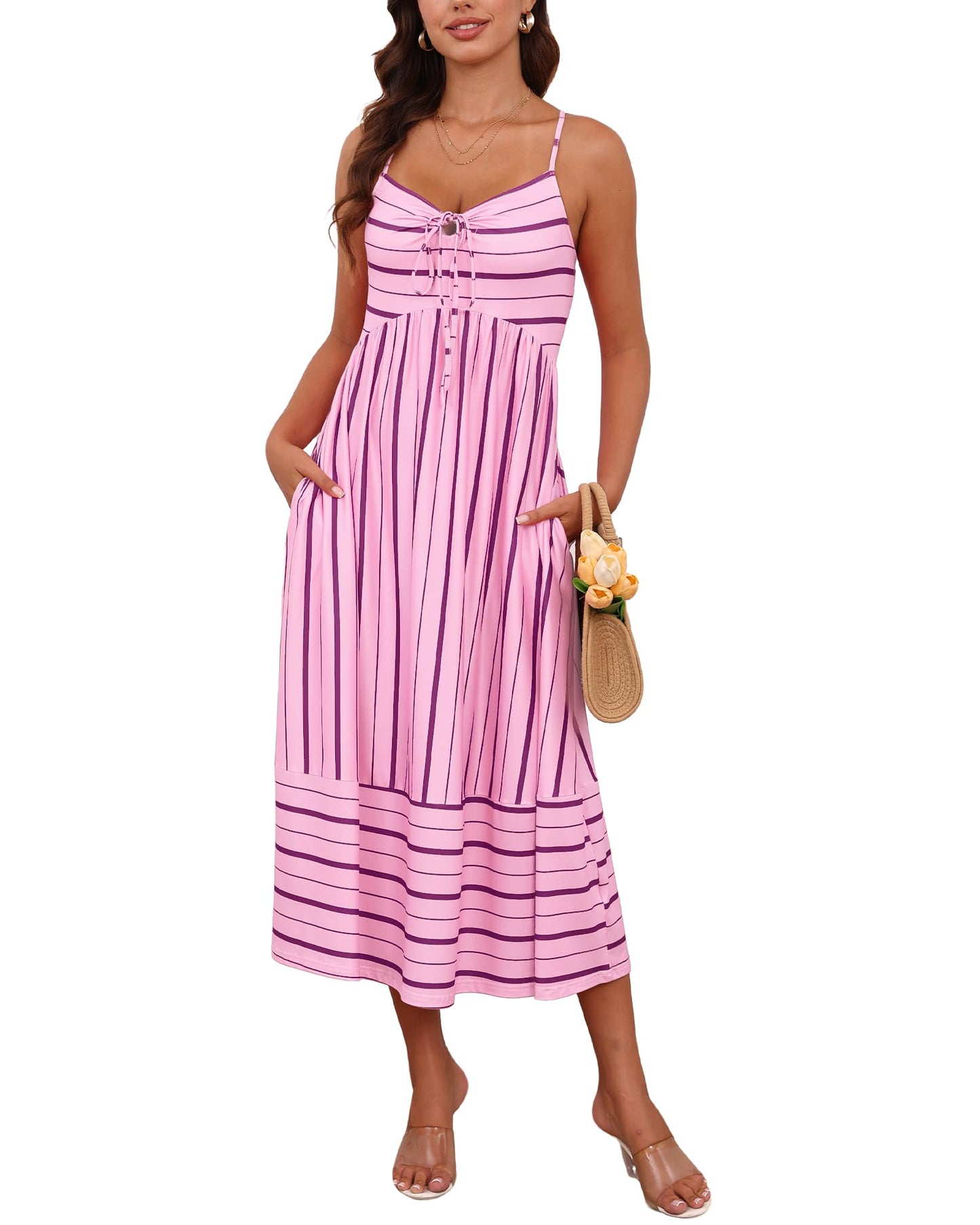 Fashionme 2026 Women Summer Boho Maxi Dresses Vacation Beach with Pockets | Striped,Sleeveless Back Shirred Beach Long Sundresses, A Line Spaghetti Strap,Back Tie V Neck,Trendy,Soft Knit Dress, S-XL