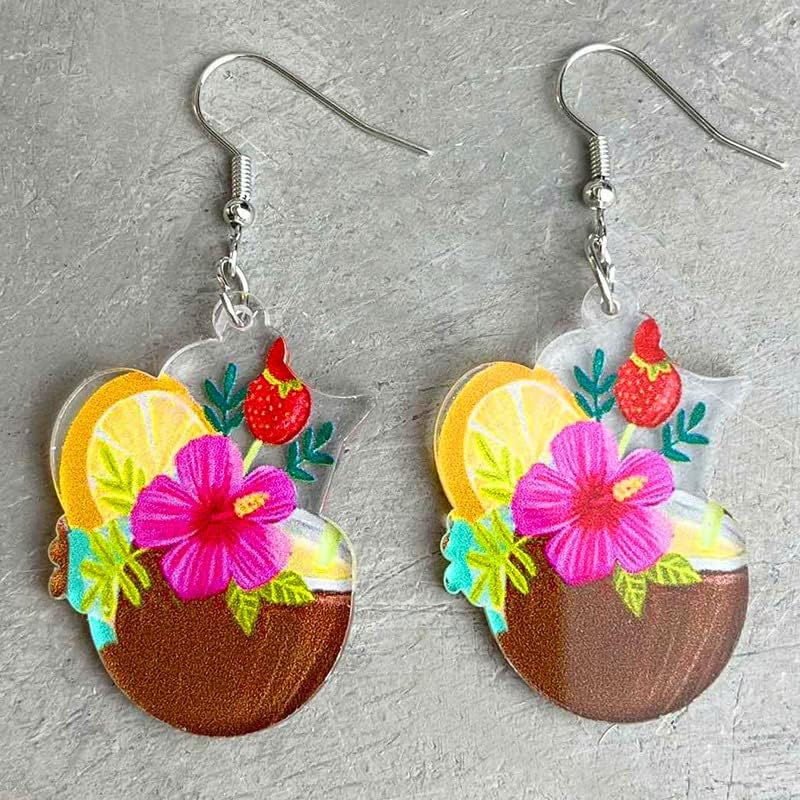Hawaiian Cocktail Drink Earrings Bohemia Colorful Cute Wineglass Drop Dangle Earrings for Women Summer Beach Party Vacation Earrings Holiday Jewelry Gift