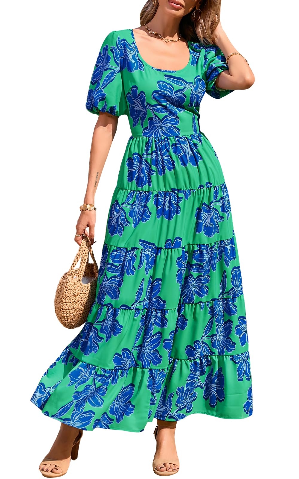 PRETTYGARDEN Puff Short Sleeve Cewneck Floral Long Fall Dresses for Women 2025 Flowy Tiered Hem Maxi Wedding Guest Dress