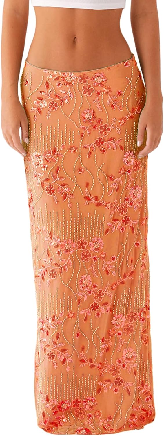 Women Y2k Sequin Long Skirt Bead Floral Embroidery Maxi Skirt Low Waist Rhinestone Glitter Bodycon Club Skirt