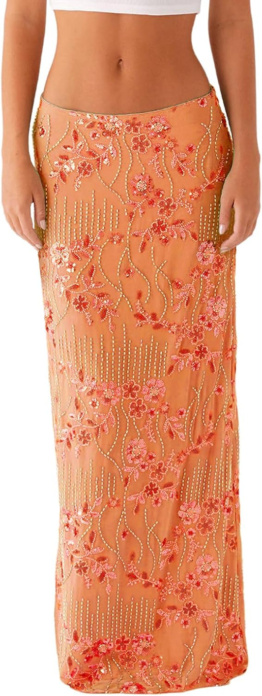 Women Y2k Sequin Long Skirt Bead Floral Embroidery Maxi Skirt Low Waist Rhinestone Glitter Bodycon Club Skirt