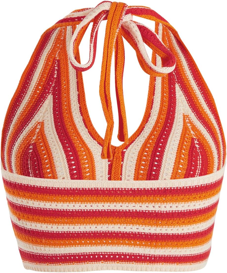 Verdusa Women's Crochet Tops Summer Striped Crop Halter Top Concert Outfit | Backless, V Neck, 70s Outfits for Women, Going Out, Y2k Clothes, Hawaiian Shirts, Cute Top