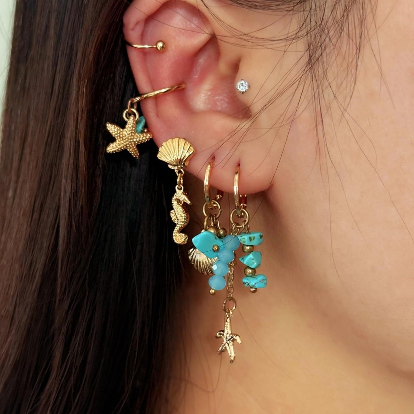 Beach Vacation Starfish Shell Dangle Earrings,Ocean Style Earring Set for Women Vintage Turquoise Earring Sea Turtle Shell Studs Pearl Tassel Clip-On Earrings Summer Jewelry