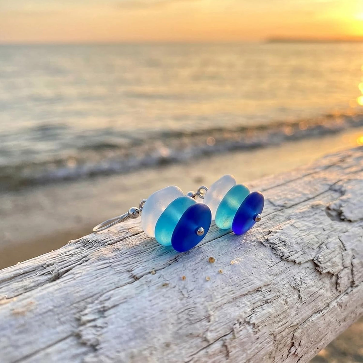 1 Pair Sea Glass Drop Dangle Earrings, Blue White Three Layer Gradient Handmade Sea Glass Jewelry for Women Beach Coastal Vacation