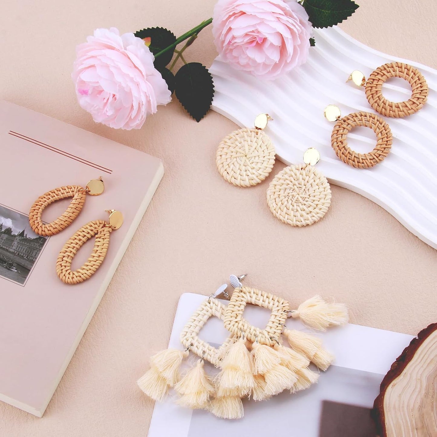 4 Pairs Rattan Tassel Earrings,Rattan For Women Beach Vacation Essentials | Boho Statement Lightweight Geometric Statement Hoop Earrings Set,For Daily Wearing,Date,Prom