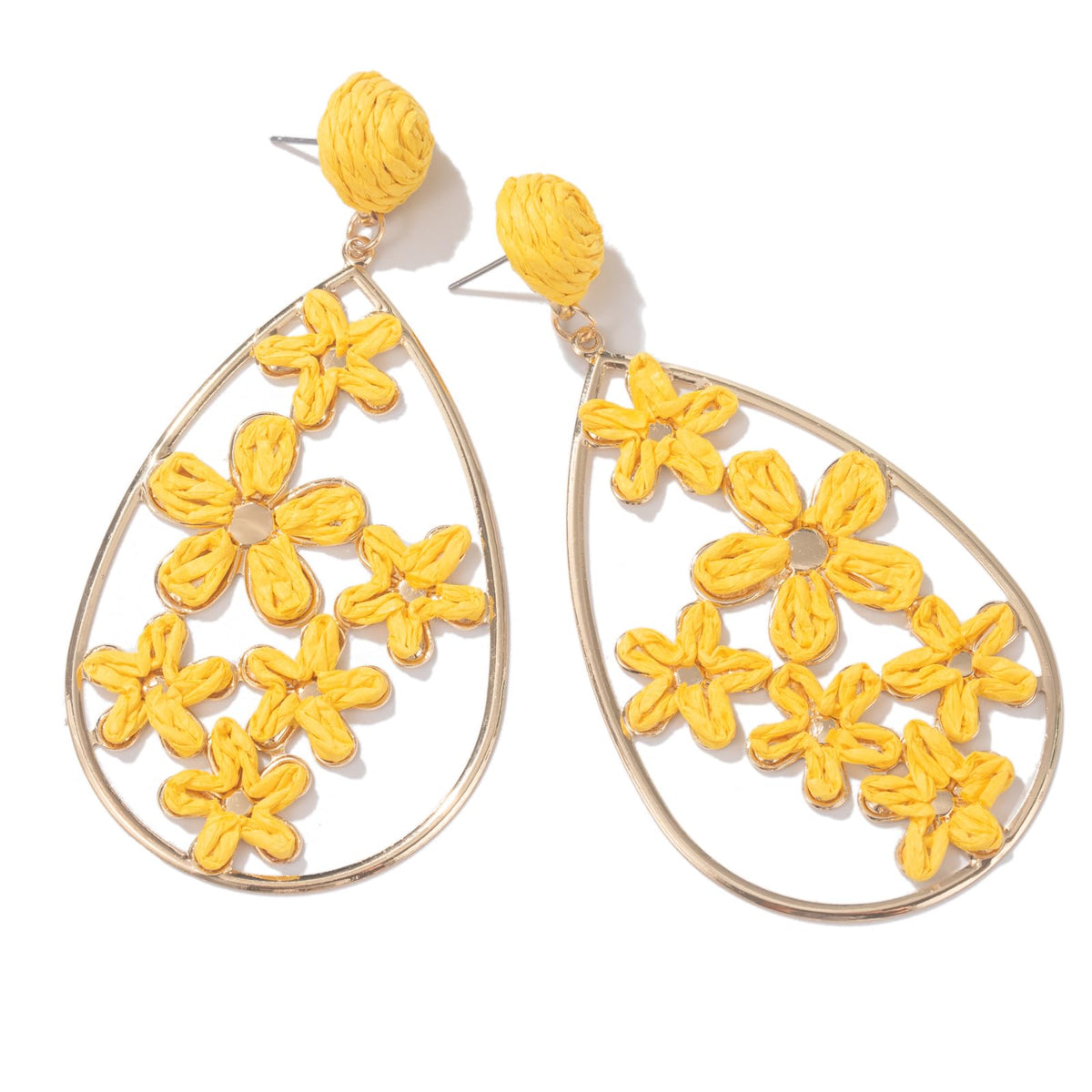 Boho Raffia Flower Teardrop Earrings Cute Colorful Dangle Trendy Jewelry | Floral Drop Statement Big Dangling Earring Hypoallergenic Gold Fun Unique Summer Spring Beach Vacation Outfits for Women