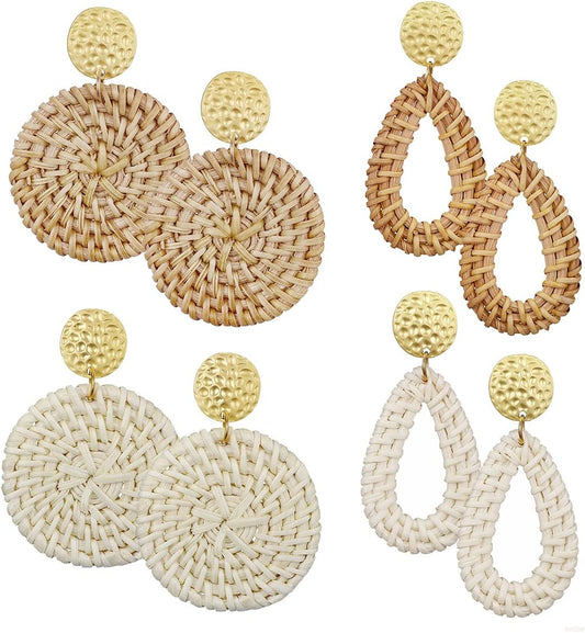 4Pairs Handmade Raffia Summer Beach Bohemian Earrings Statement Tropical Round Teardrop Rattan Dangle Earrings for Women