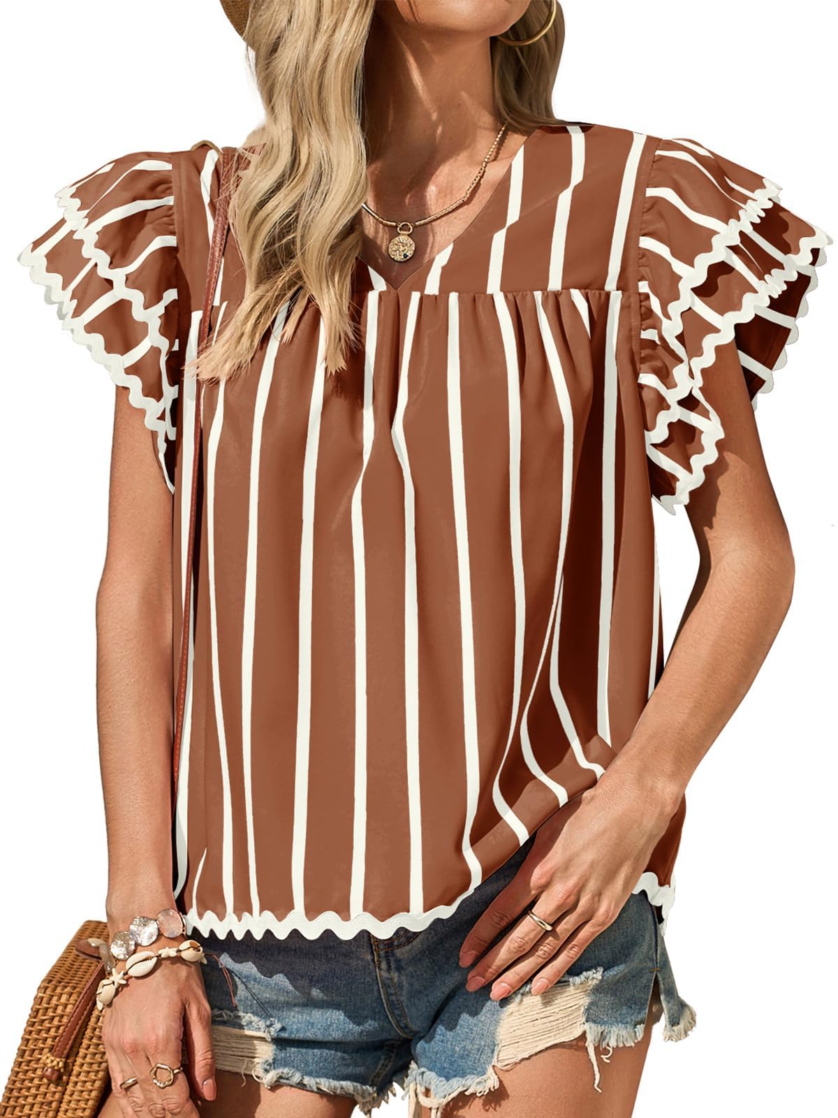 Tankaneo Womens Ruffle Short Sleeve Blouse V Neck Striped Pleated Trim Shirts Summer Casual Loose Fit Tops