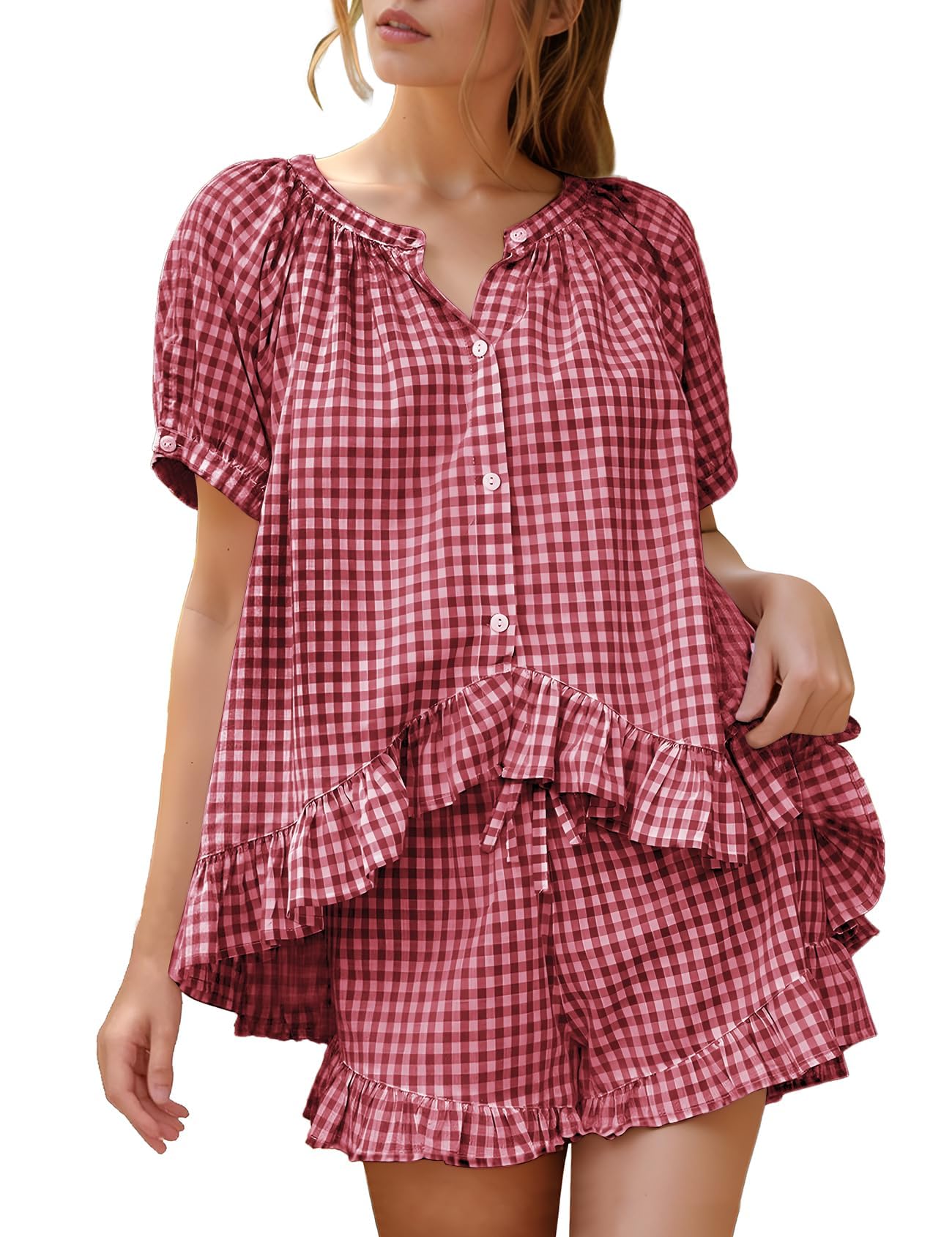 Flygo Cotton Pajamas for Women Gingham Set Lounge Sets | 100% Cotton, Plaid, Babydoll Top, Relaxed Fit, Puff Sleeve, Shorts, Pockets, Summer, Sleepwear, Vacation, Wedding, Parties