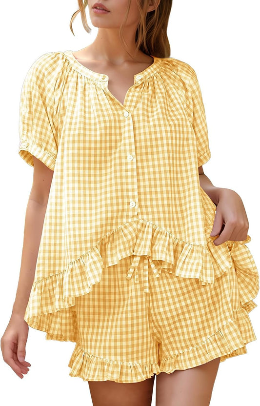 Flygo Cotton Pajamas for Women Gingham Set Lounge Sets | 100% Cotton, Plaid, Babydoll Top, Relaxed Fit, Puff Sleeve, Shorts, Pockets, Summer, Sleepwear, Vacation, Wedding, Parties