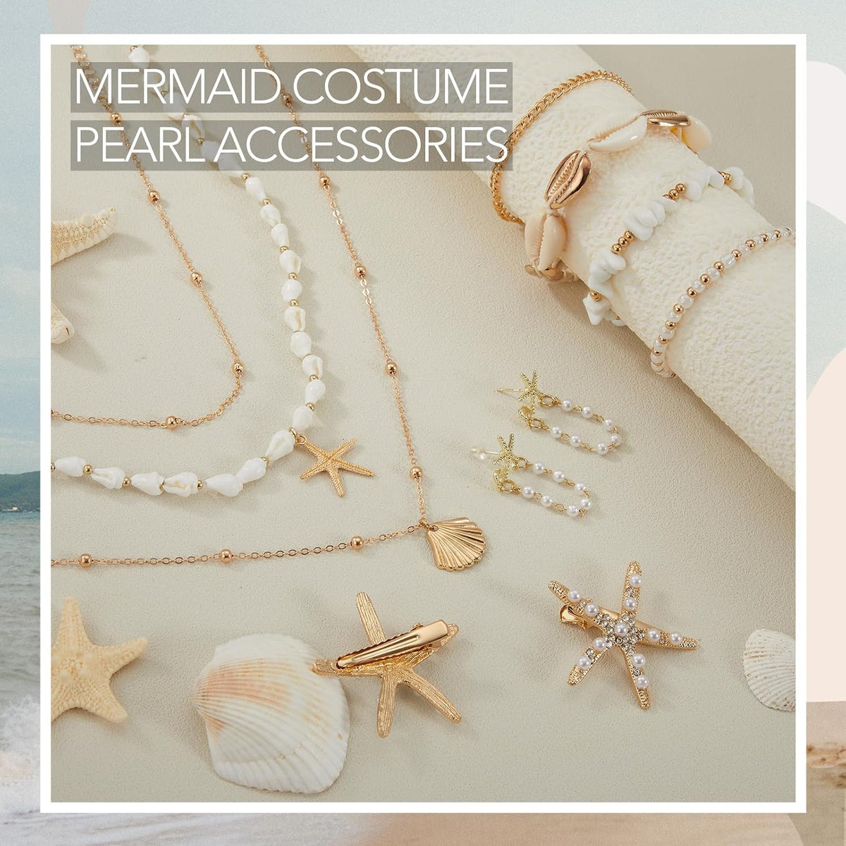 Tondiamo 11 Pcs Shell Starfish Necklace Earring Anklet Pearl Set