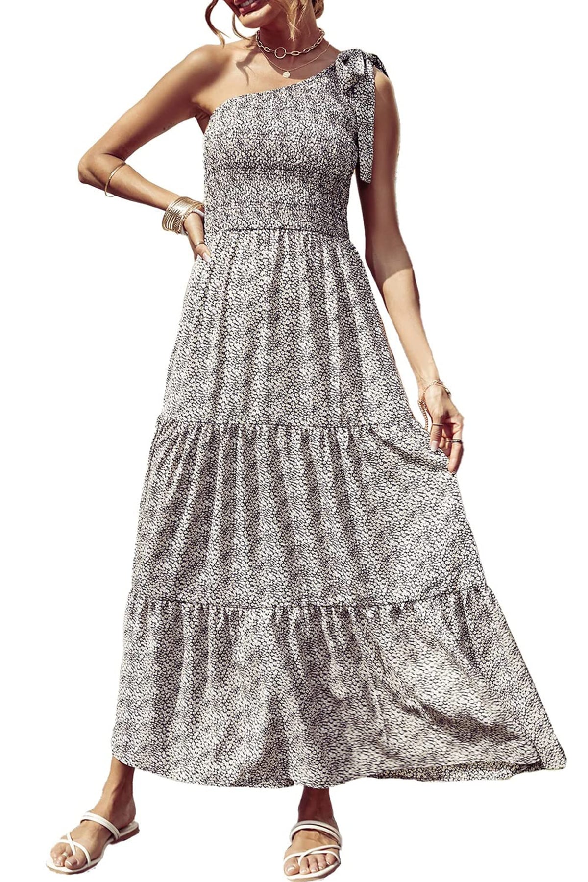 PRETTYGARDEN Women's One Shoulder Boho Floral Maxi Dress | Sleeveless Tiered A Line, Long Flowy Sundress, Tie Knot Summer Vacation Dresses, Spring Wedding Guest Outfits for Beach Party