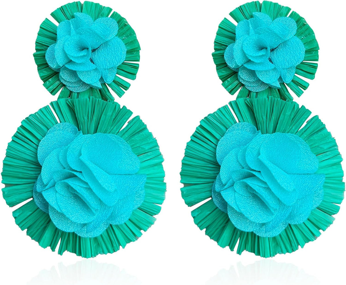 Hawaiian Vibrant Rattan Flower Statement Drop Earrings | Boho Lightweight Cute and Fun Big Raffia Straw Wrapped Floral Dangle Earrings for Women Tropical Sea Vacation Beachy Jewelry