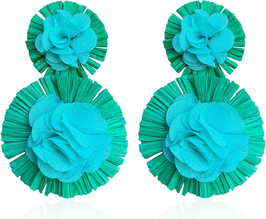 Hawaiian Vibrant Rattan Flower Statement Drop Earrings | Boho Lightweight Cute and Fun Big Raffia Straw Wrapped Floral Dangle Earrings for Women Tropical Sea Vacation Beachy Jewelry
